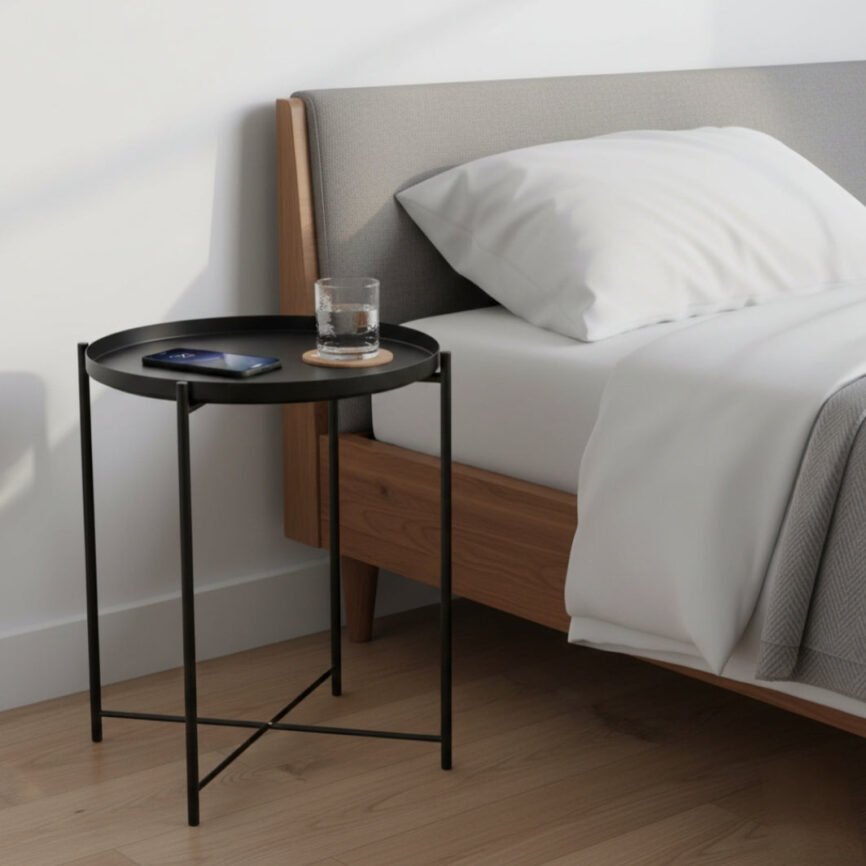 Hilton Tray Side Table featured in a bedroom setting by Samz Design Outdoor Furniture Manufacturing Company