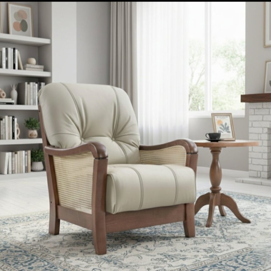 Kiara Solid Wood Lounge Chair made from mahogany wood and natural rattan by Samz Design Shah Alam
