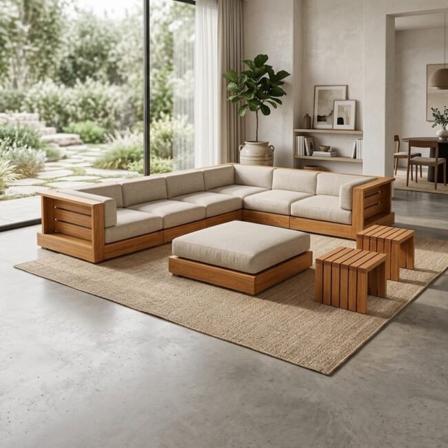 LCS Teak Wood Indoor Relax Sofa modular solid teak sofa with beige cushions by Samz Design Shah Alam