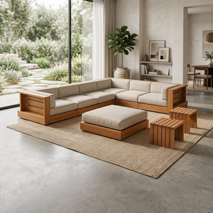 LCS Teak Wood Indoor Relax Sofa modular solid teak sofa with beige cushions by Samz Design Shah Alam
