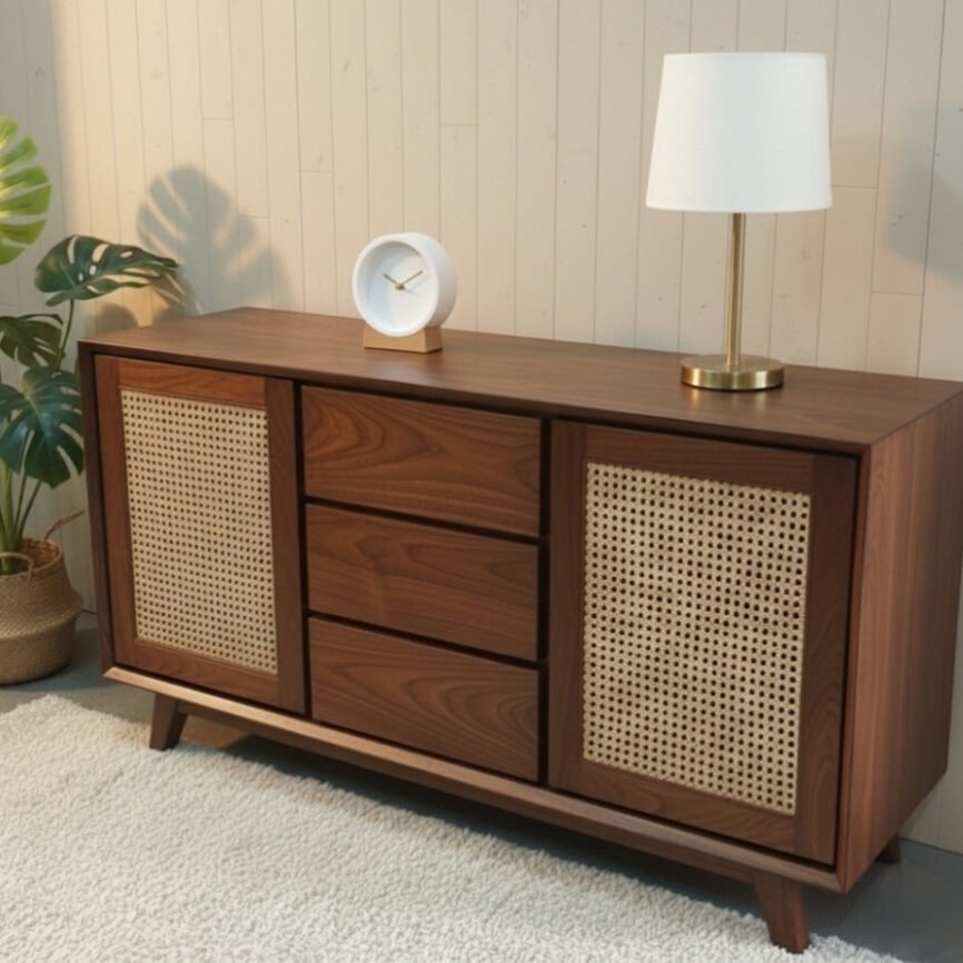 Berlin teak wood sideboard by Samz Design, solid teak with woven rattan detailing, Shah Alam