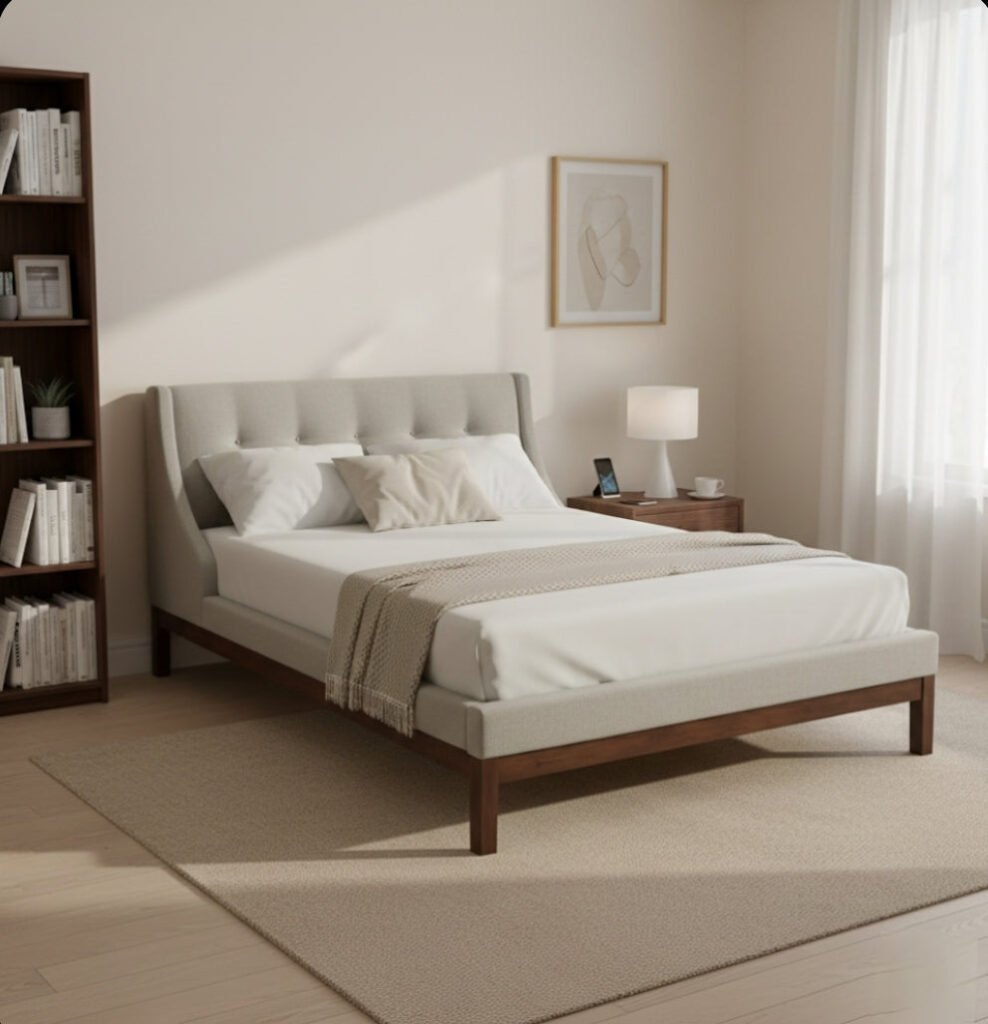 Rumi teak wood upholstered bedframe by Samz Design, A-grade teak with upholstered headboard, Shah Alam