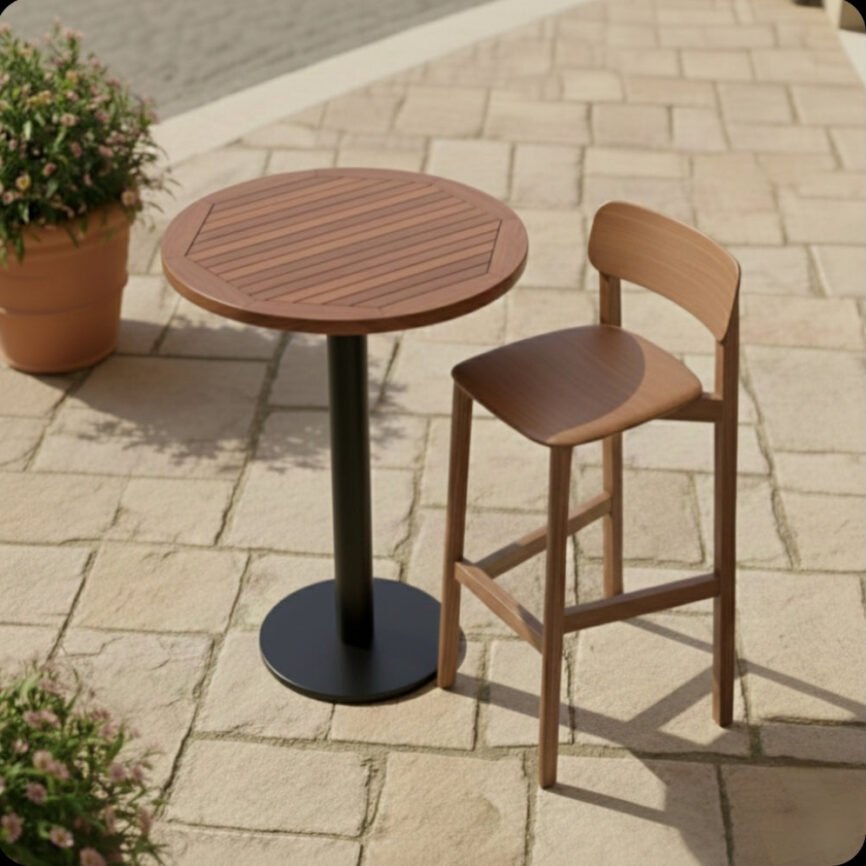 Samz bar dining set by Samz Design, teak high table with aluminium frame and teak stools, Shah Alam
