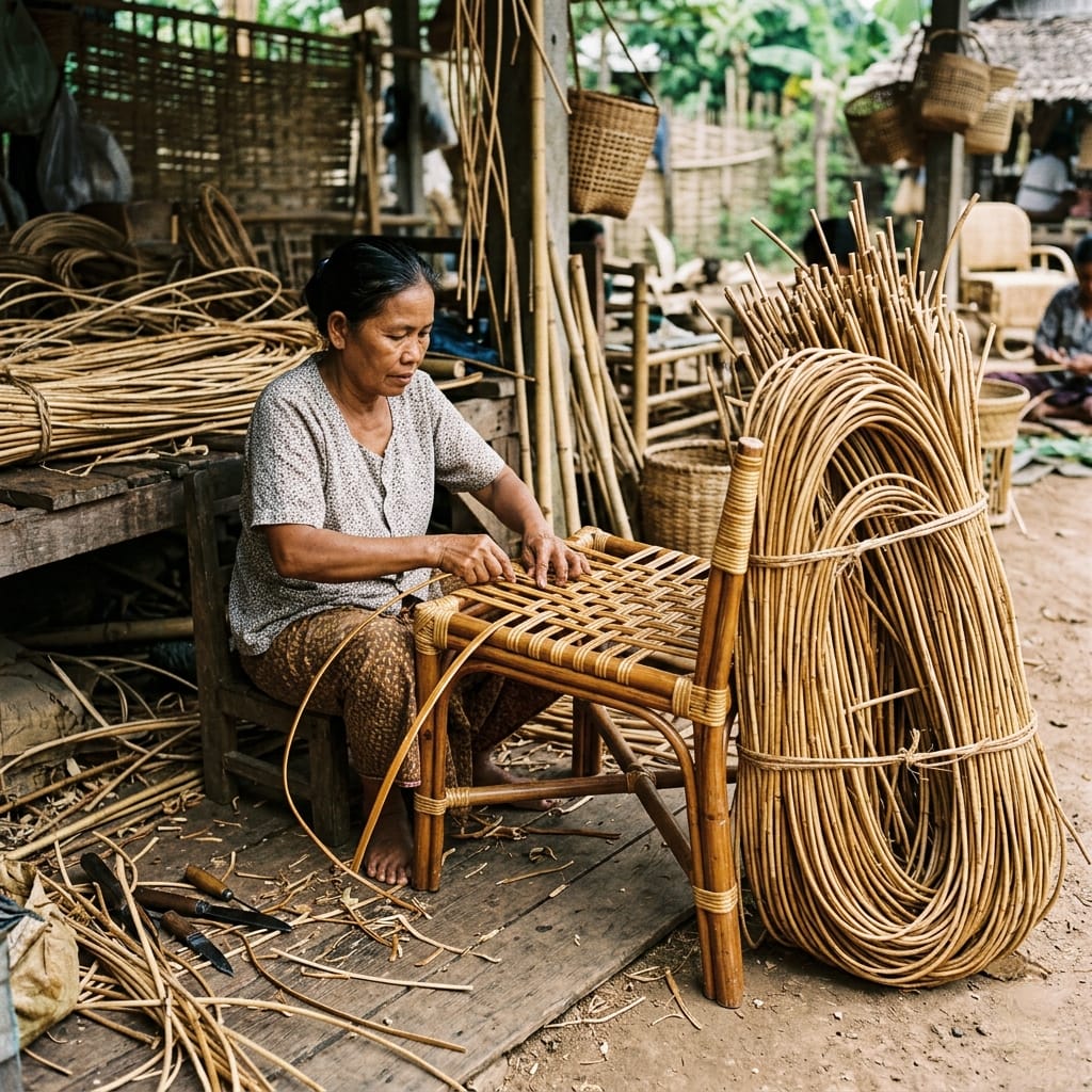 Natural Rattan material and weaving of chair by a worker