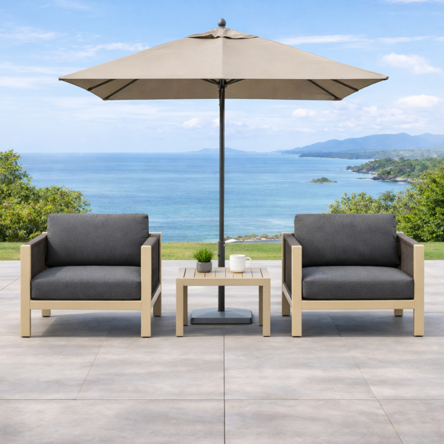 The Park Royal outdoor rope sofa set — beige powder-coated aluminium with woven rope and Olefin cushions, built in house by Samz Design in Shah Alam Single Seat With Parasol