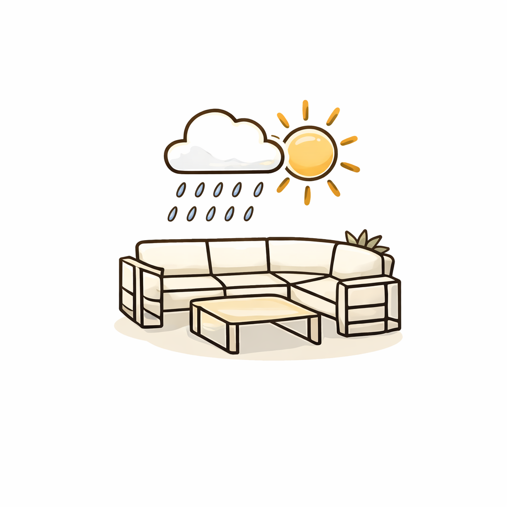 Weather Resistance graphic showing outdoor furniture in changing weather