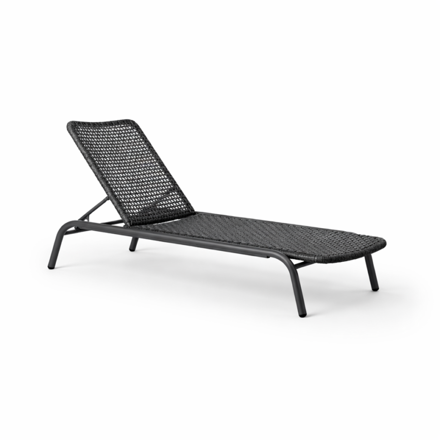 Klana rope and aluminium sun lounger by Samz Design, woven rope on powder-coated frame, against a white background Shah Alam