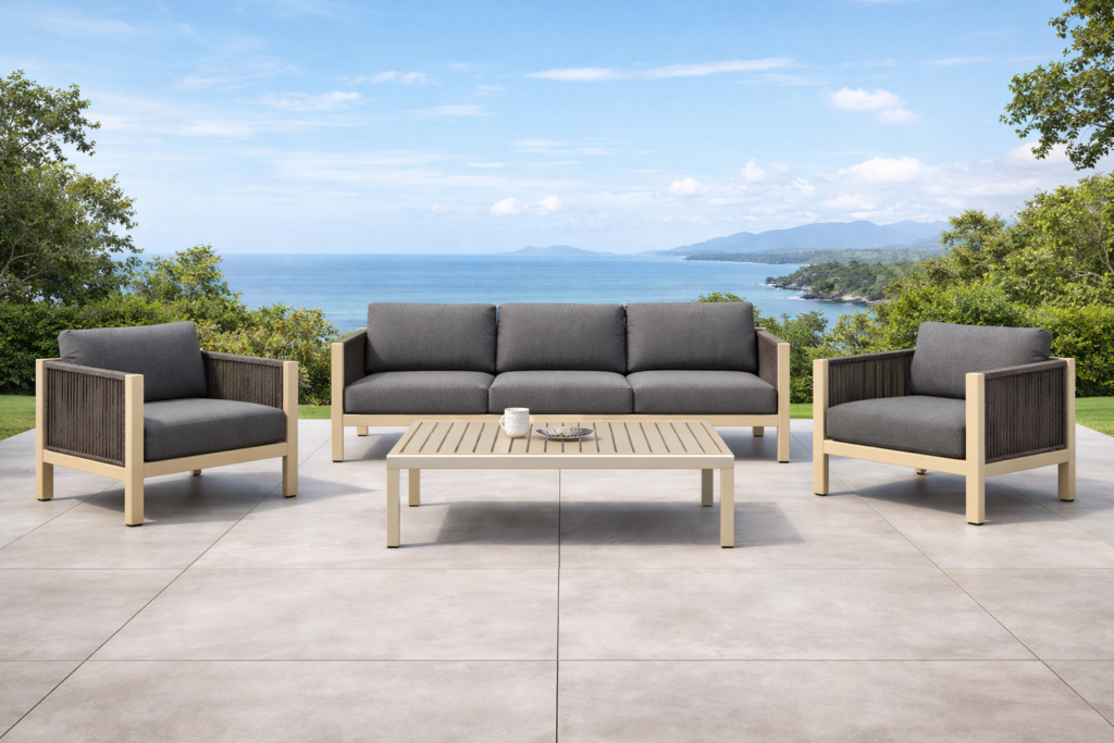 Park Royal aluminium rope outdoor sofa set by Samz Design, beige frame with Olefin cushions, Shah Alam