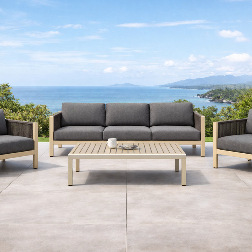 Park Royal aluminium rope outdoor sofa set by Samz Design, beige frame with Olefin cushions, Shah Alam
