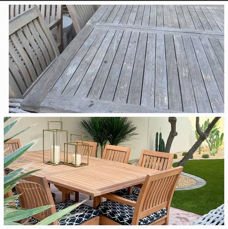 Before and after photos of teak wood furniture Samz Design