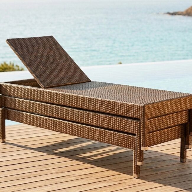 Shorea outdoor wicker sun lounger by Samz Design klang Malaysia with adjustable backrest provides comfort, making it ideal for poolside, beach, and outdoor leisure spaces.