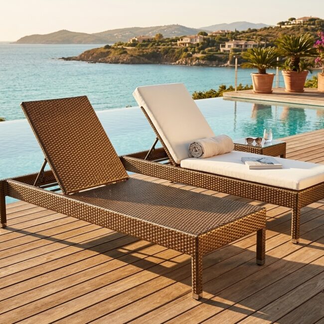 Shorea outdoor wicker sun lounger by Samz Design klang Malaysia with adjustable backrest provides comfort, making it ideal for poolside, beach, and outdoor leisure spaces.