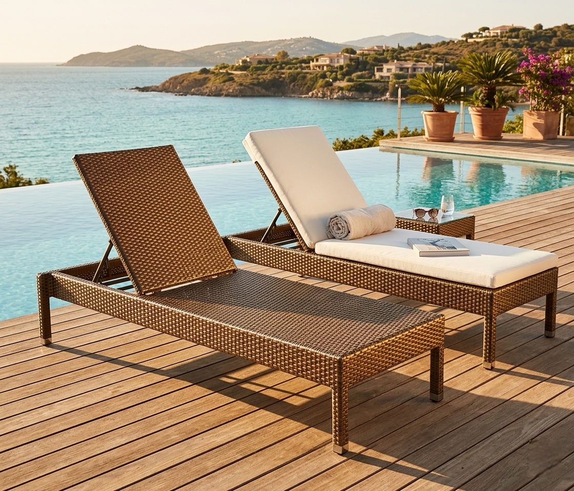 Shorea outdoor wicker sun lounger by Samz Design klang Malaysia with adjustable backrest provides comfort, making it ideal for poolside, beach, and outdoor leisure spaces.