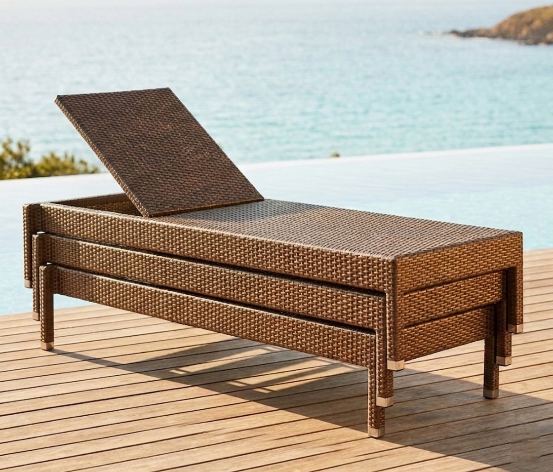 Shorea outdoor wicker sun lounger by Samz Design klang Malaysia with adjustable backrest provides comfort, making it ideal for poolside, beach, and outdoor leisure spaces.
