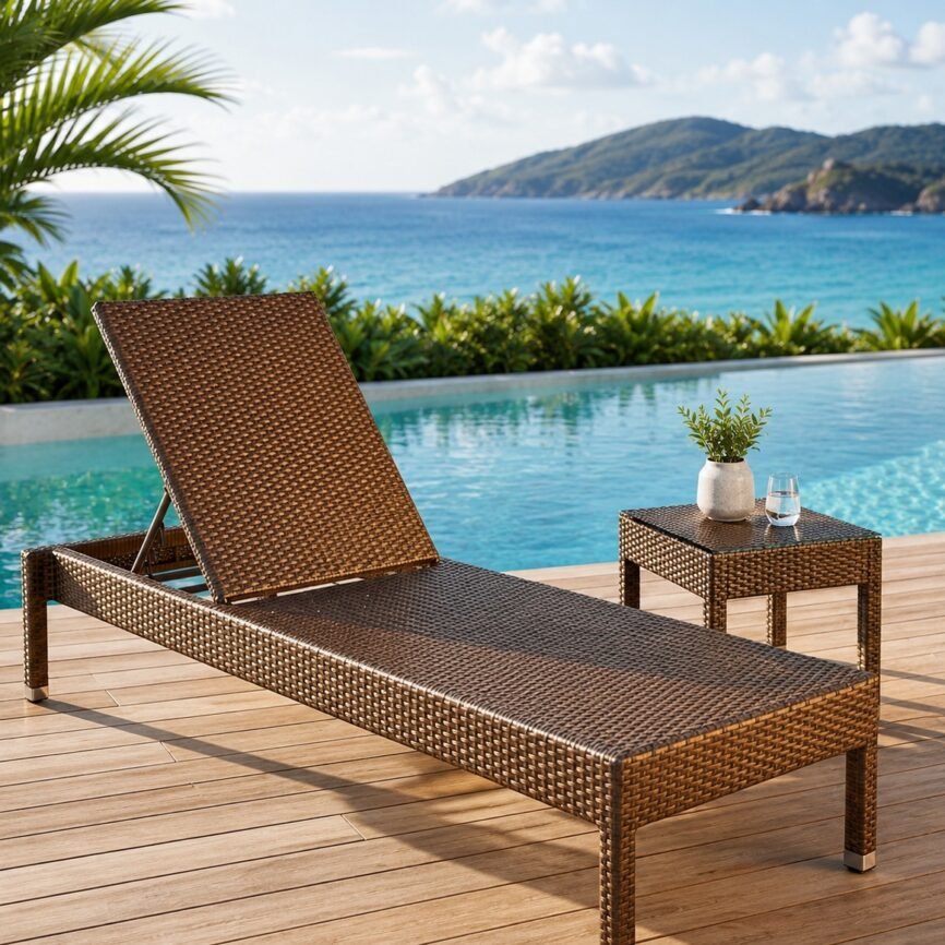Shorea wicker sun lounger with high back rest & side table