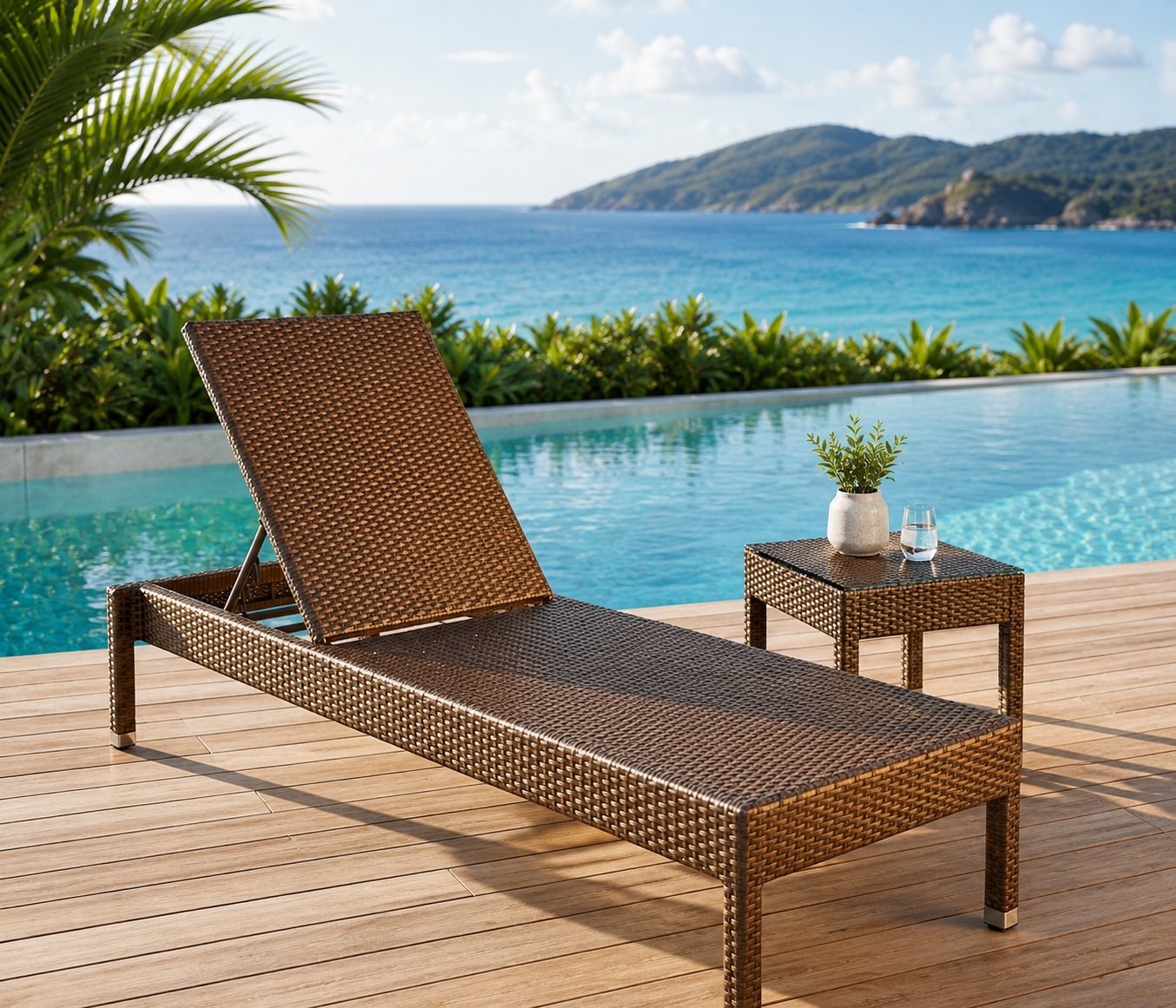 Shorea wicker sun lounger with high back rest & side table