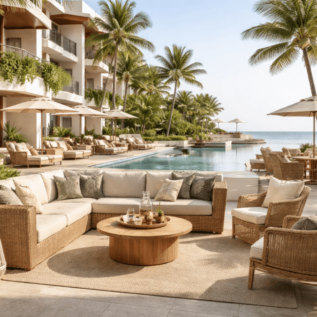 Tropical resort patio with ocean featuring partnership of Samz Design Malaysai with hotels and other businesses