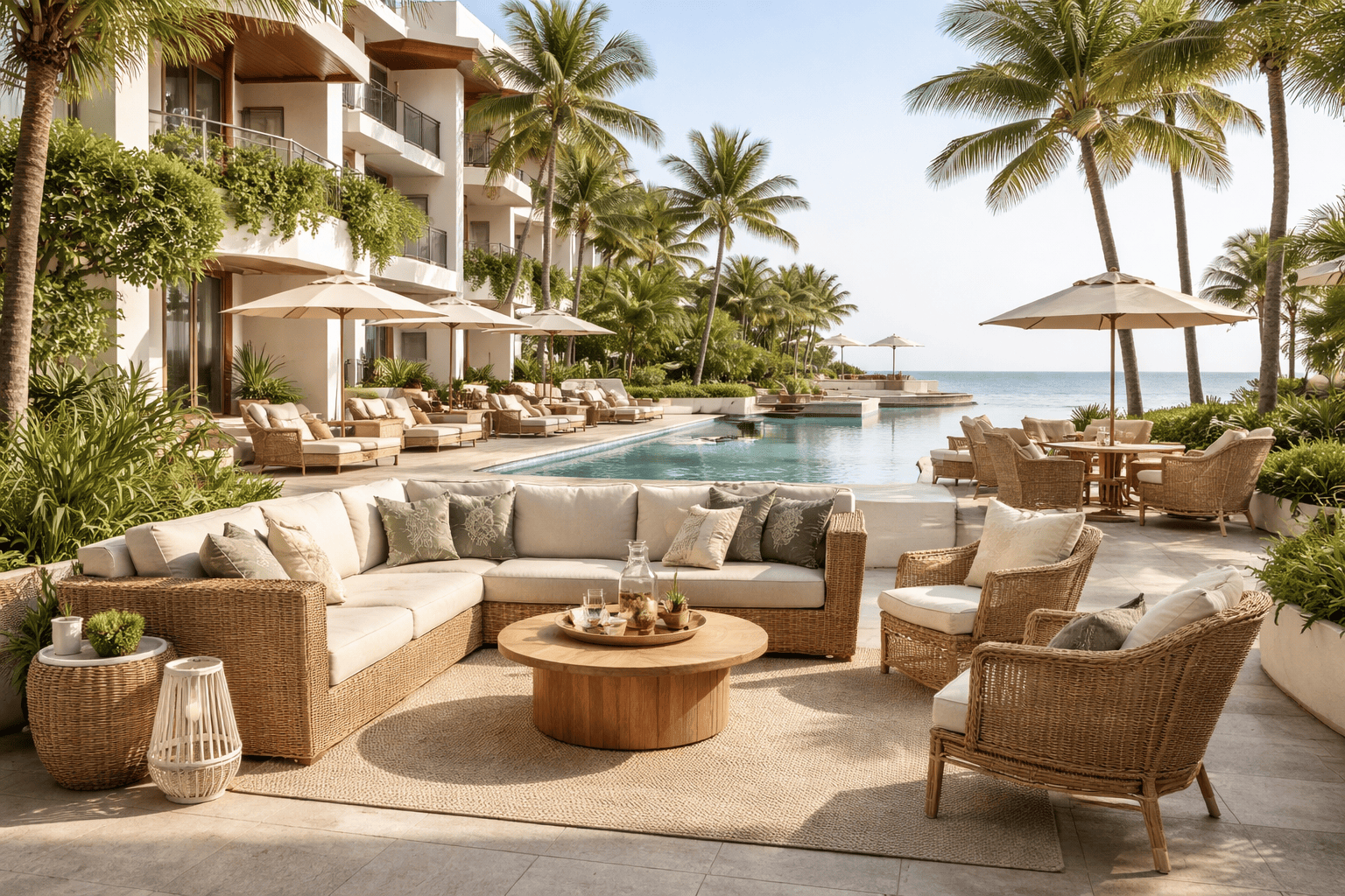 Tropical resort patio with ocean featuring partnership of Samz Design Malaysai with hotels and other businesses
