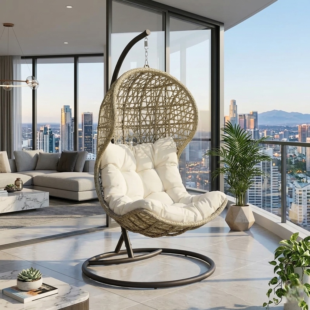 Hilton outdoor wicker hanging swing with powdered coated steel stand and removeable cushion Suitable for indoor or outdoor settings such as living rooms, patios, balconies, or gardens.