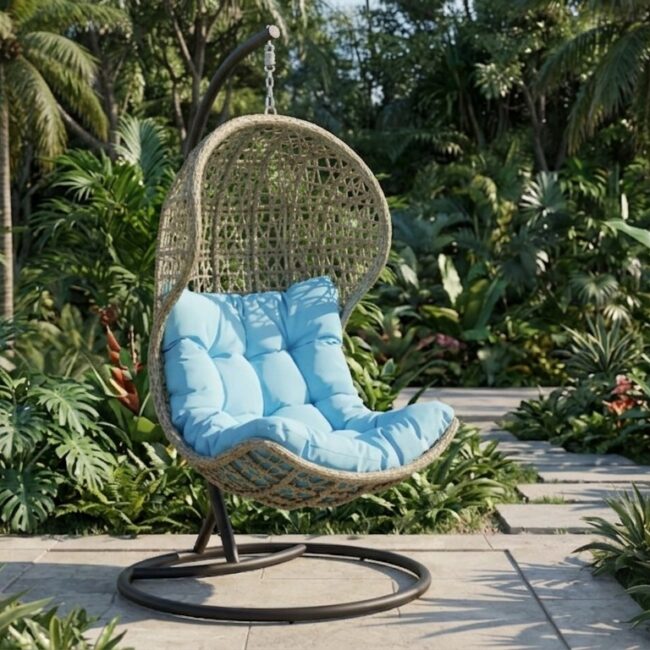 Hilton outdoor wicker hanging swing with powdered coated steel stand and removeable cushion Suitable for indoor or outdoor settings such as living rooms, patios, balconies, or gardens.