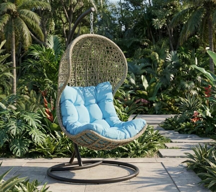 Hilton outdoor wicker hanging swing with powdered coated steel stand and removeable cushion Suitable for indoor or outdoor settings such as living rooms, patios, balconies, or gardens.