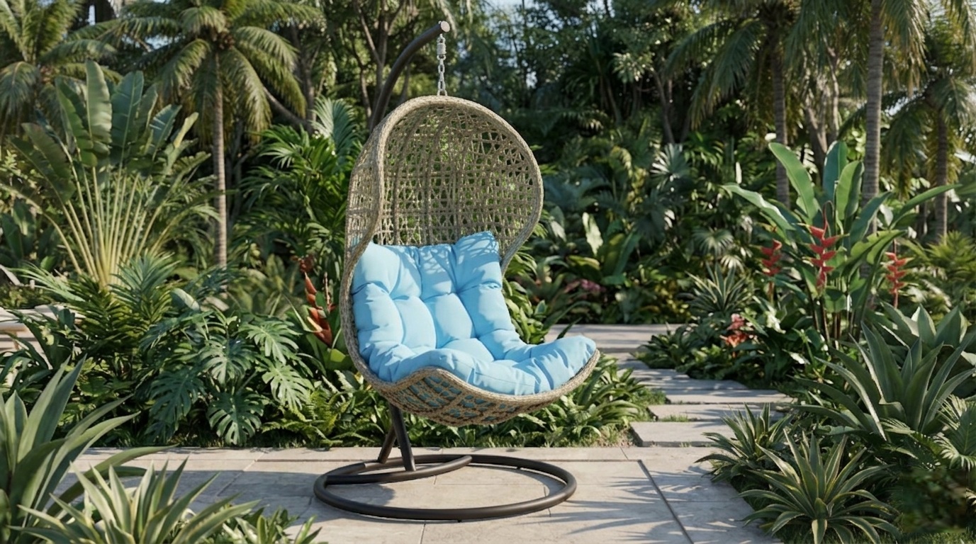 Hilton outdoor wicker hanging swing with powdered coated steel stand and removeable cushion Suitable for indoor or outdoor settings such as living rooms, patios, balconies, or gardens.