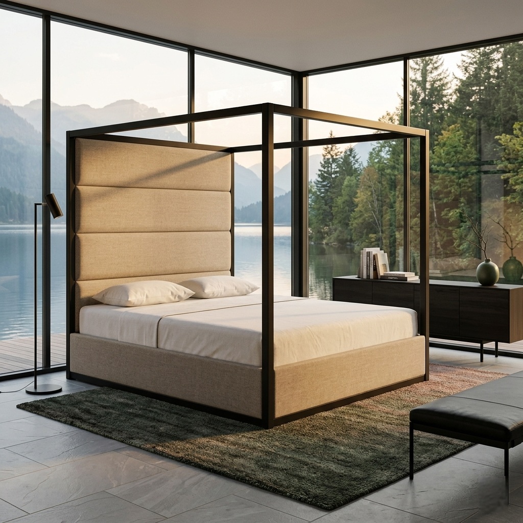 KD canopy daybed by Samz Design Subang 3 Malaysia with modern frame and upholstered headboard. Ideal for hotels and condominiums. Stylish, durable, and customizable.