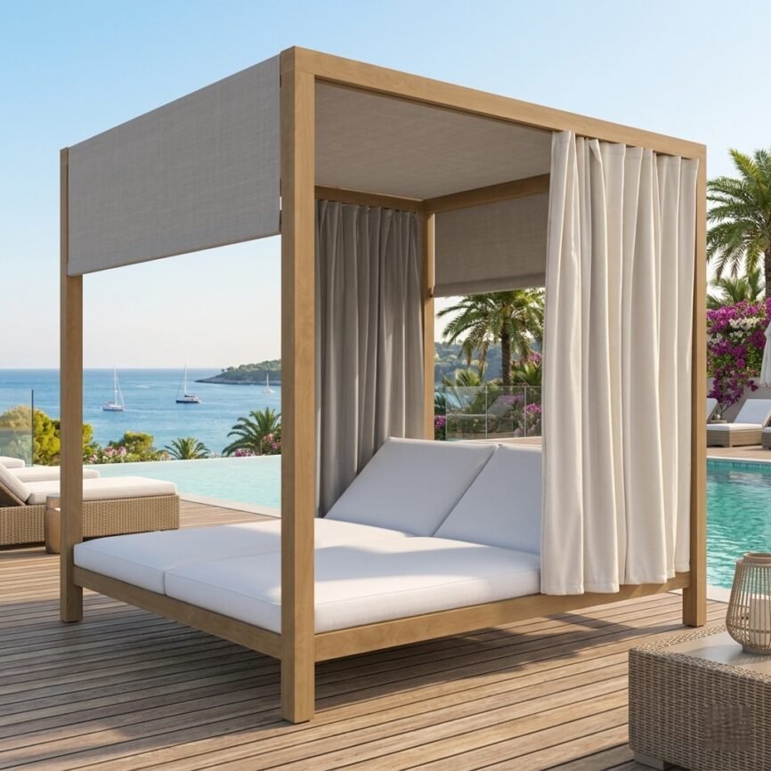 Niraya outdoor aluminium cabana daybed with weather-resistant canopy, outdoor cushions, and privacy curtains by Samz Design Shah Alam.