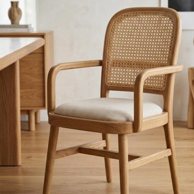 Ovi teak wood arm dining chair with rattan cane backrest and upholstered seat by Samz Design Shah Alam.