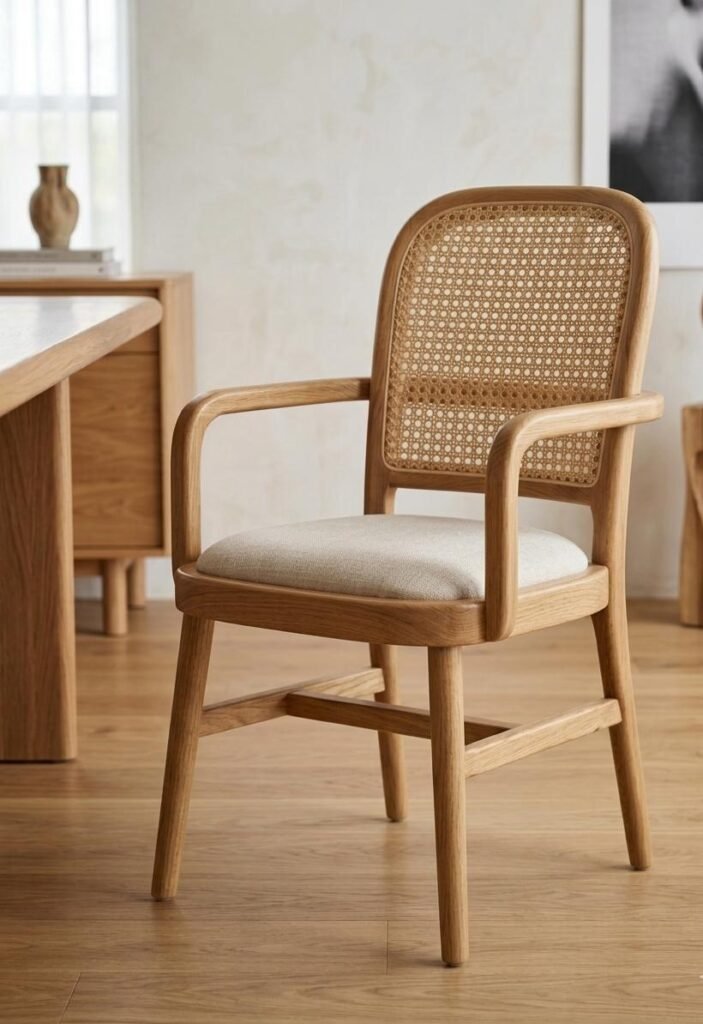 Ovi teak wood arm dining chair with rattan cane backrest and upholstered seat by Samz Design Shah Alam.