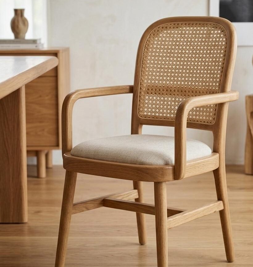Ovi teak wood arm dining chair with rattan cane backrest and upholstered seat by Samz Design Shah Alam.