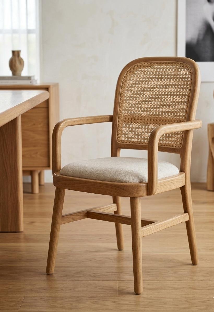 Ovi teak wood arm dining chair with rattan cane backrest and upholstered seat by Samz Design Shah Alam.