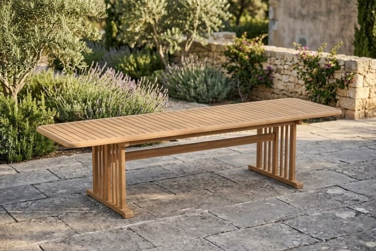 Grade A teak outdoor furniture: dining table on an open stone patio in Malaysia