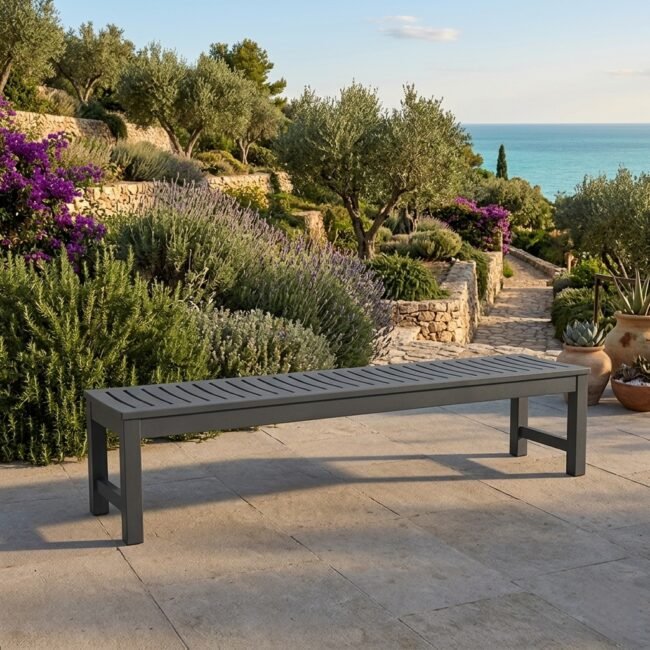 Classic outdoor powder-coated aluminium backless bench with clean lines and weather-resistant construction by Samz Design Shah Alam