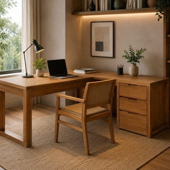 Ovi solid teak Wood L-shaped writing table with sleek drawer and three-drawer storage cabinet by Samz Design Shah Alam