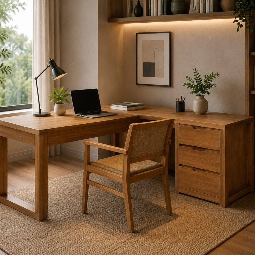 Ovi solid teak Wood L-shaped writing table with sleek drawer and three-drawer storage cabinet by Samz Design Shah Alam