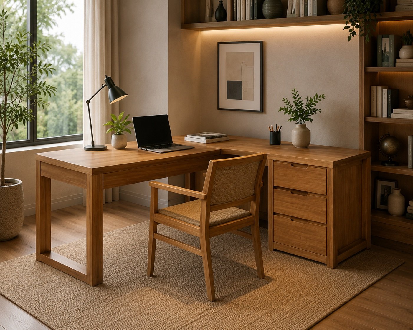 Ovi solid teak Wood L-shaped writing table with sleek drawer and three-drawer storage cabinet by Samz Design Shah Alam
