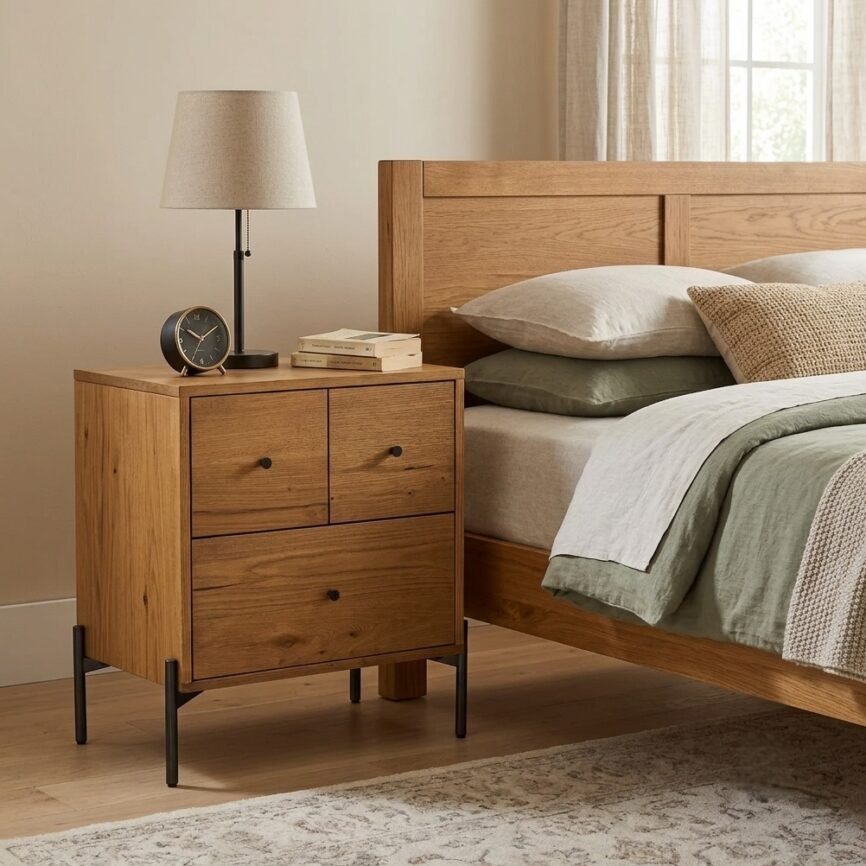 Arq teak wood 3-drawer bedside table by Samz Design, teak top with mild steel base, Shah Alam