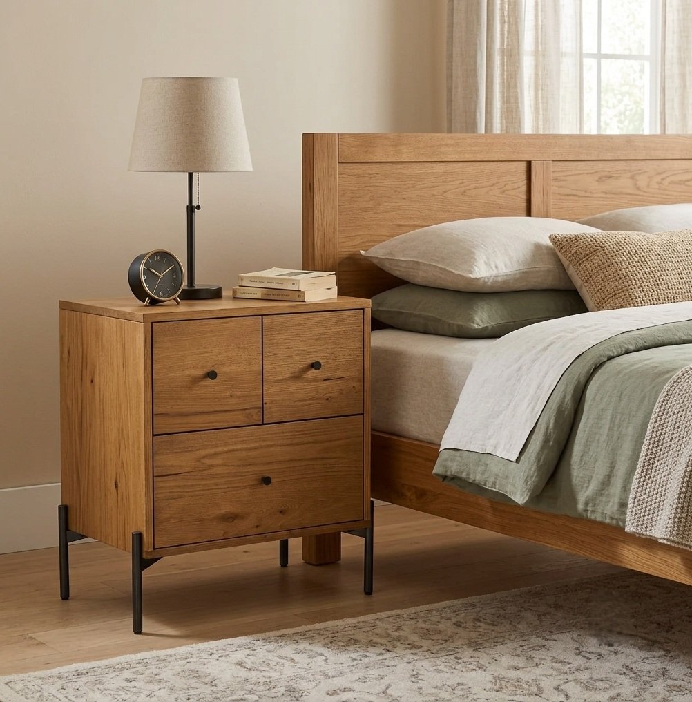 Arq teak wood 3-drawer bedside table by Samz Design, teak top with mild steel base, Shah Alam