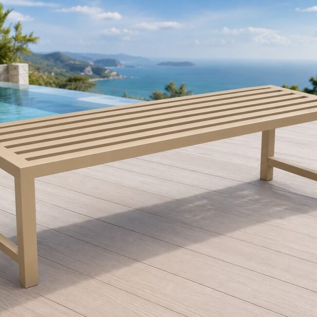Hilton outdoor backless aluminium bench by samz design beside outdoor dining table for hotel poolside and patio seating