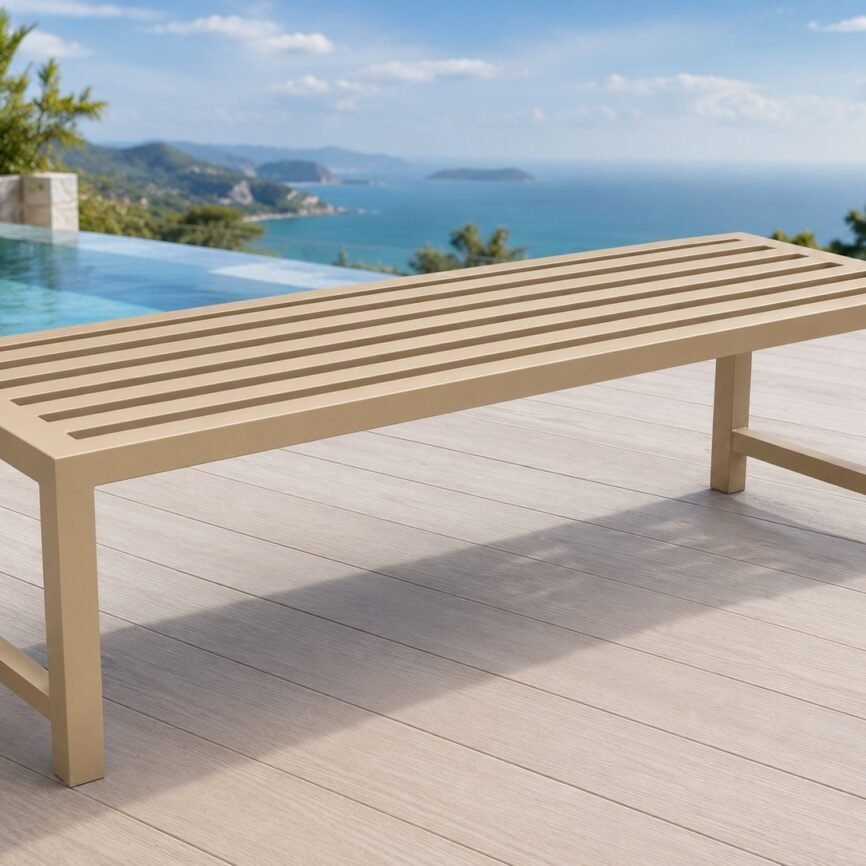 Hilton outdoor backless aluminium bench by samz design beside outdoor dining table for hotel poolside and patio seating