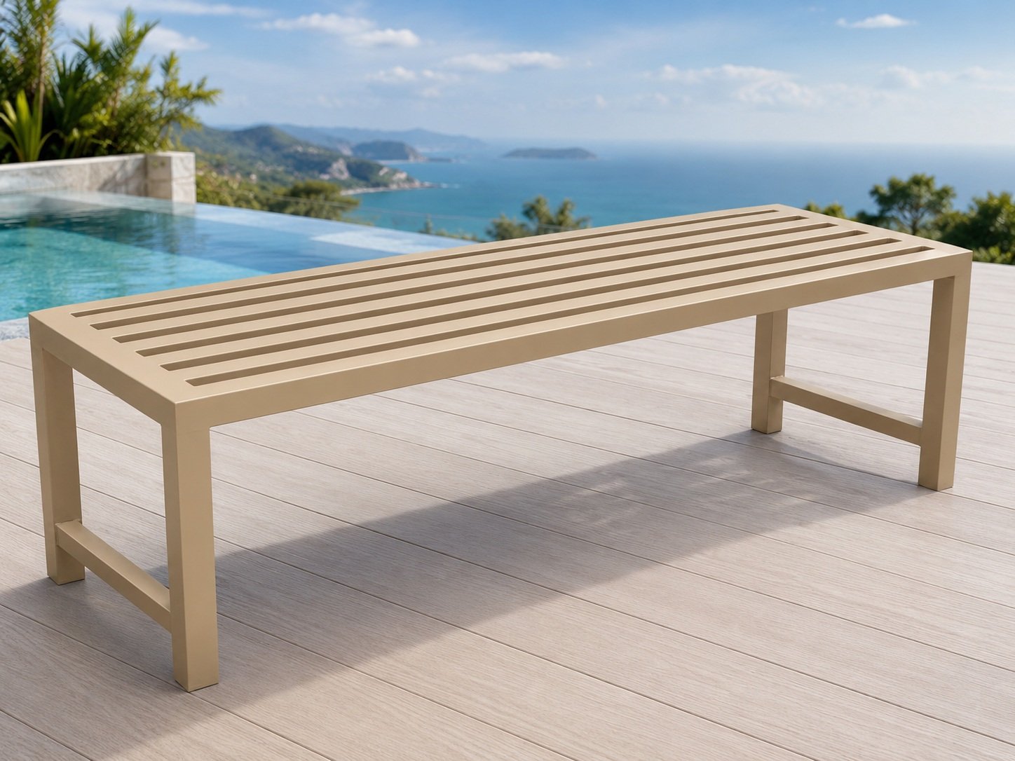 Hilton outdoor backless aluminium bench by samz design beside outdoor dining table for hotel poolside and patio seating
