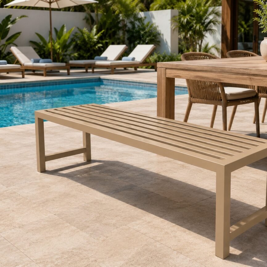 Hilton outdoor backless aluminium bench by samz design beside outdoor dining table for hotel poolside and patio seating