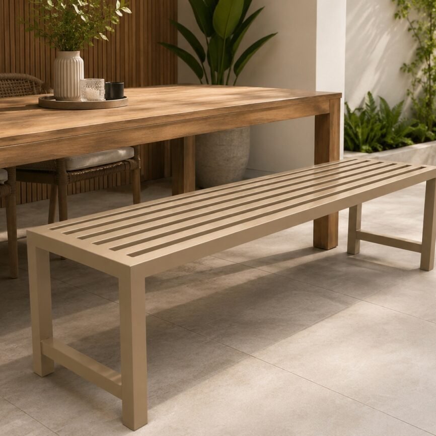 Hilton outdoor backless aluminium bench by samz design beside outdoor dining table for hotel poolside and patio seating
