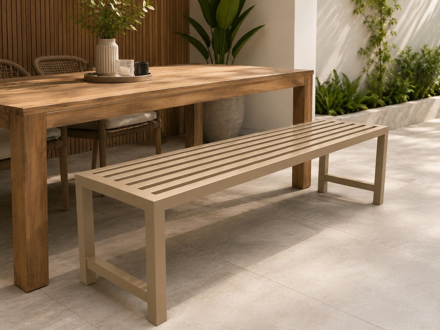 Hilton outdoor backless aluminium bench by samz design beside outdoor dining table for hotel poolside and patio seating
