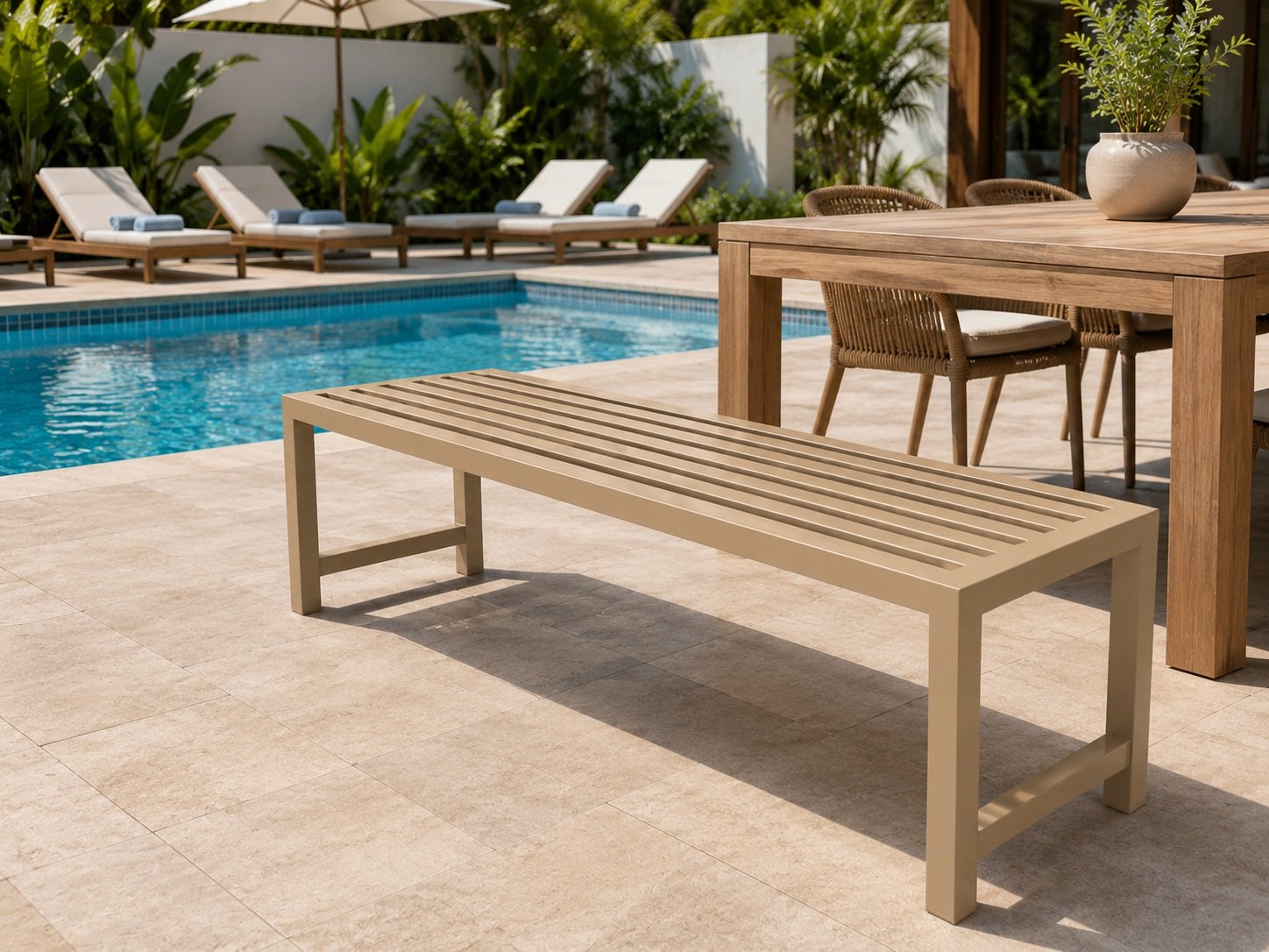 Hilton outdoor backless aluminium bench by samz design beside outdoor dining table for hotel poolside and patio seating