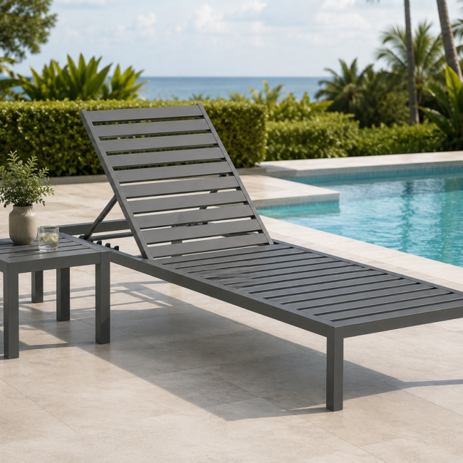 Sutera aluminium stackable sun lounger by Samz Design, powder-coated frame with reclining backrest, Shah Alam