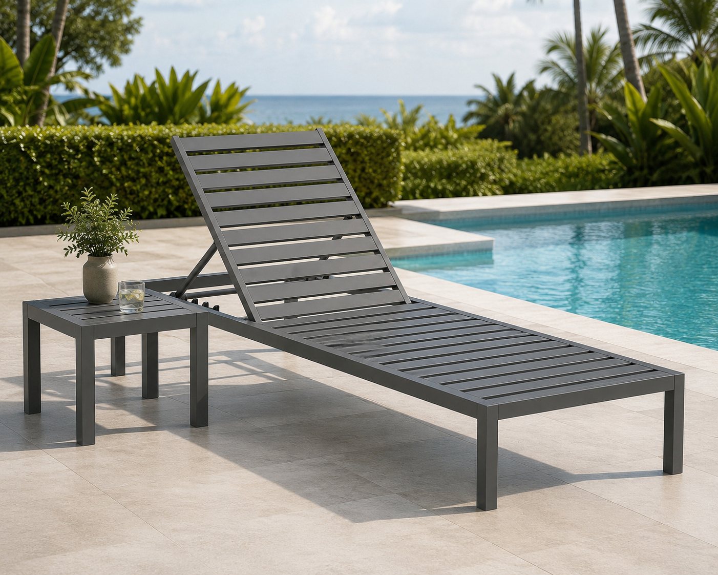 Sutera aluminium stackable sun lounger by Samz Design, powder-coated frame with reclining backrest, Shah Alam