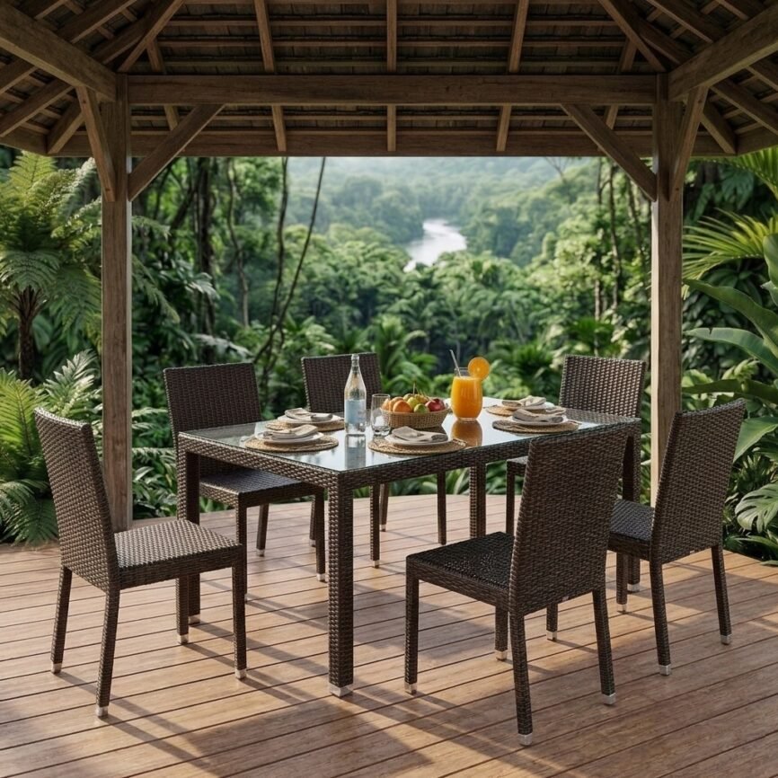 Berlin outdoor wicker dining set with glass top table and six chairs