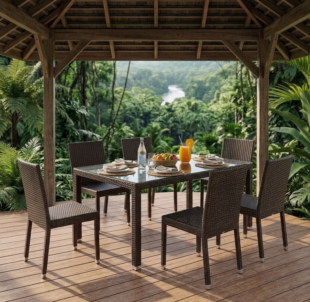 Berlin outdoor wicker dining set with glass top table and six chairs